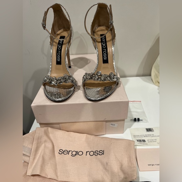 Silver Sergio Rossi chain heel sandals with Python print ankle tie heel sandals - Picture 11 of 13